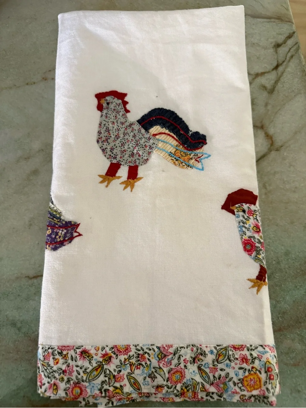 Anthropologie hand towel embroidered, and patchwork chickens